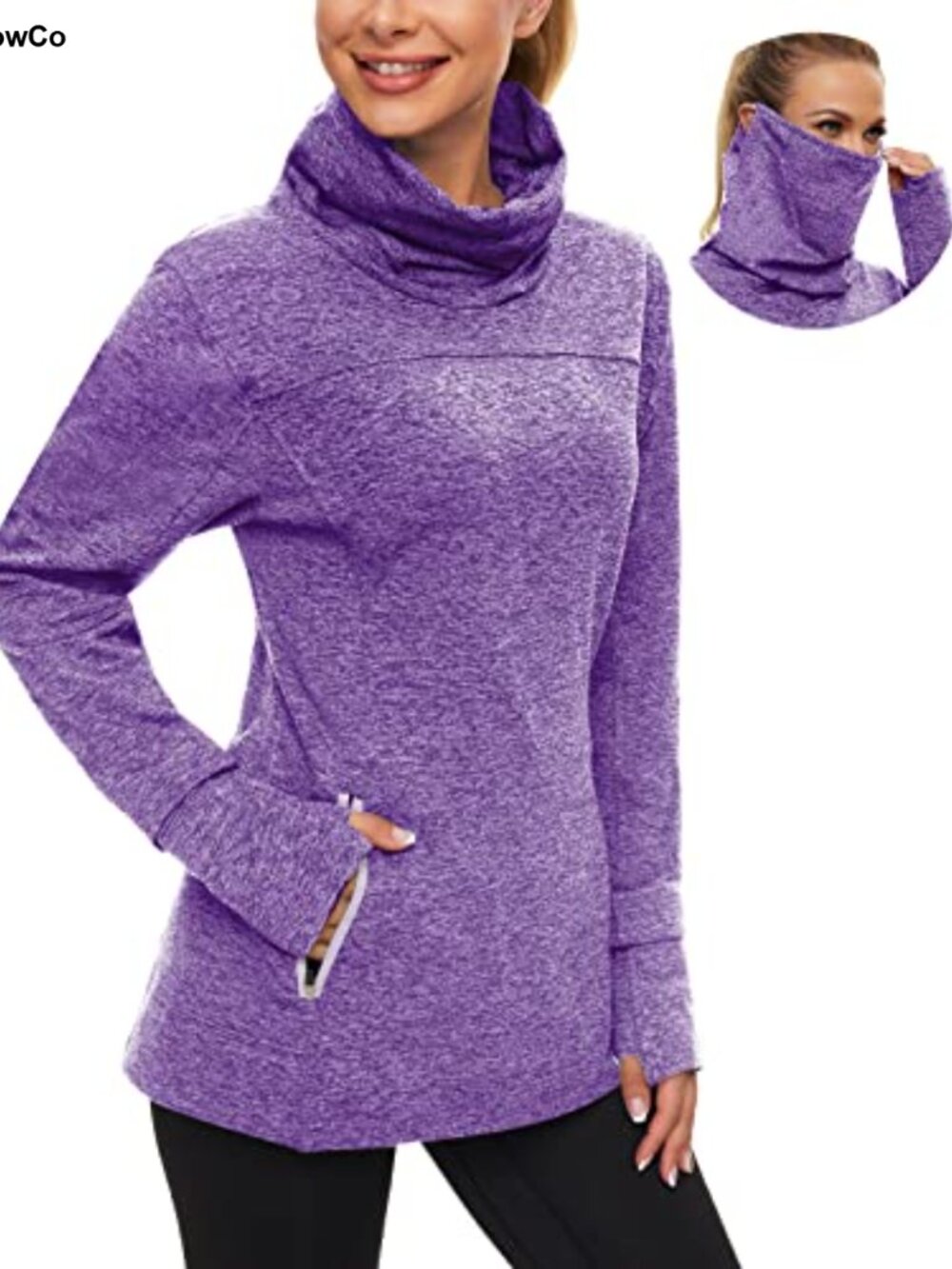 Fleece Cowl Neck Pullover Sweatshirt with Thumb Holes & Gaiter